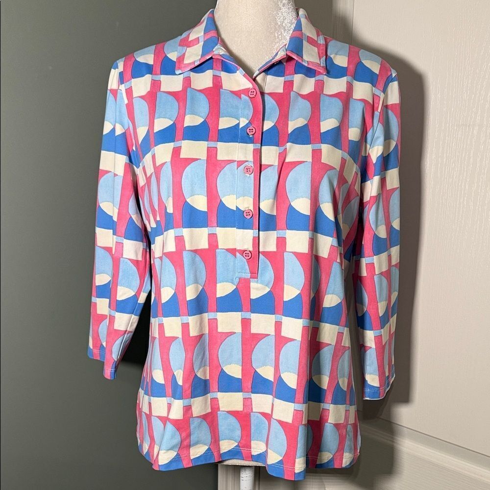 J.McLaughlin Geometric Print Polo Top 3/4 Sleeve Stretch Knit Size XL